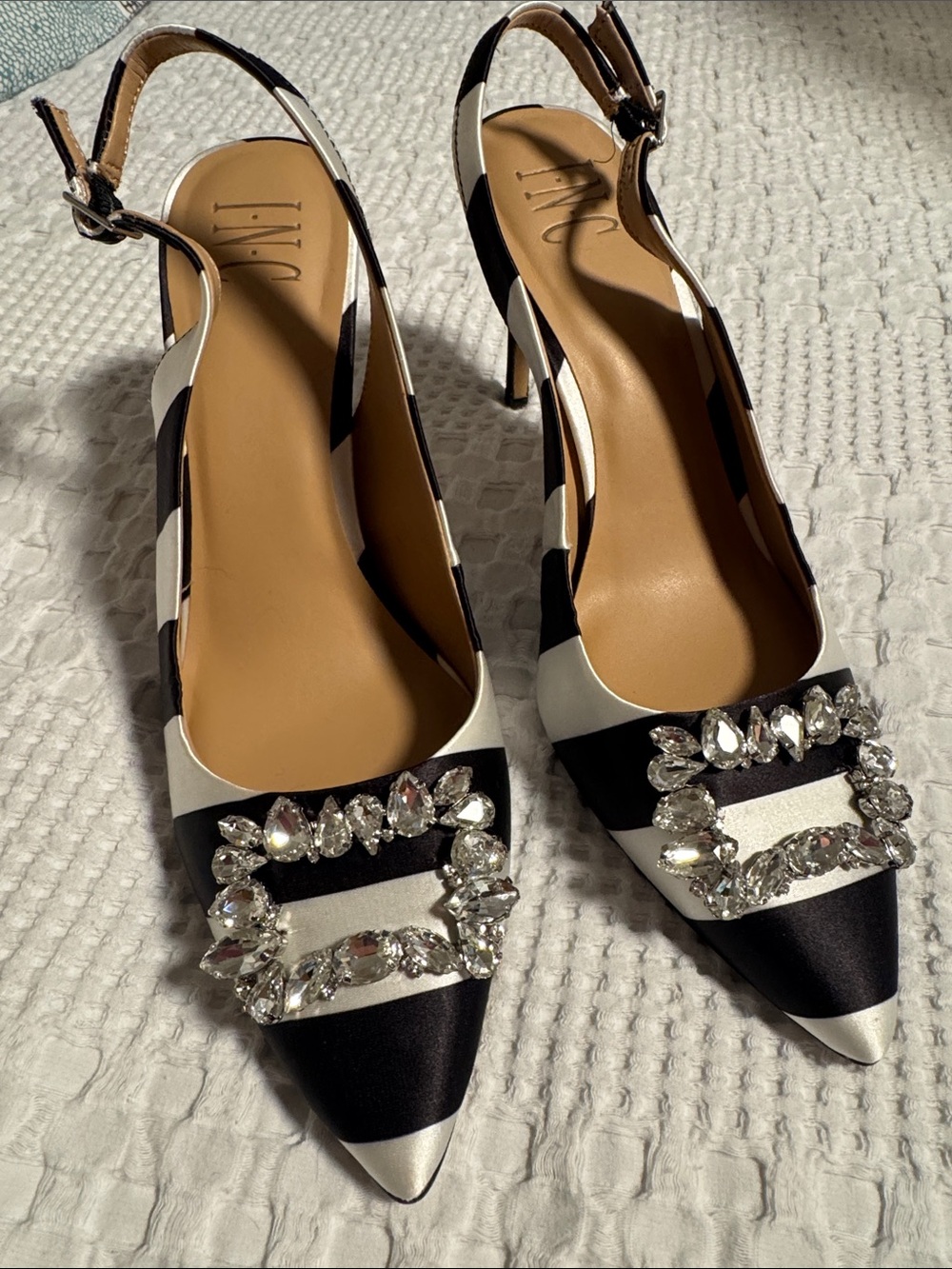Striped Black and White Slingback Heels with Crystal Buckle - Picture 6 of 6